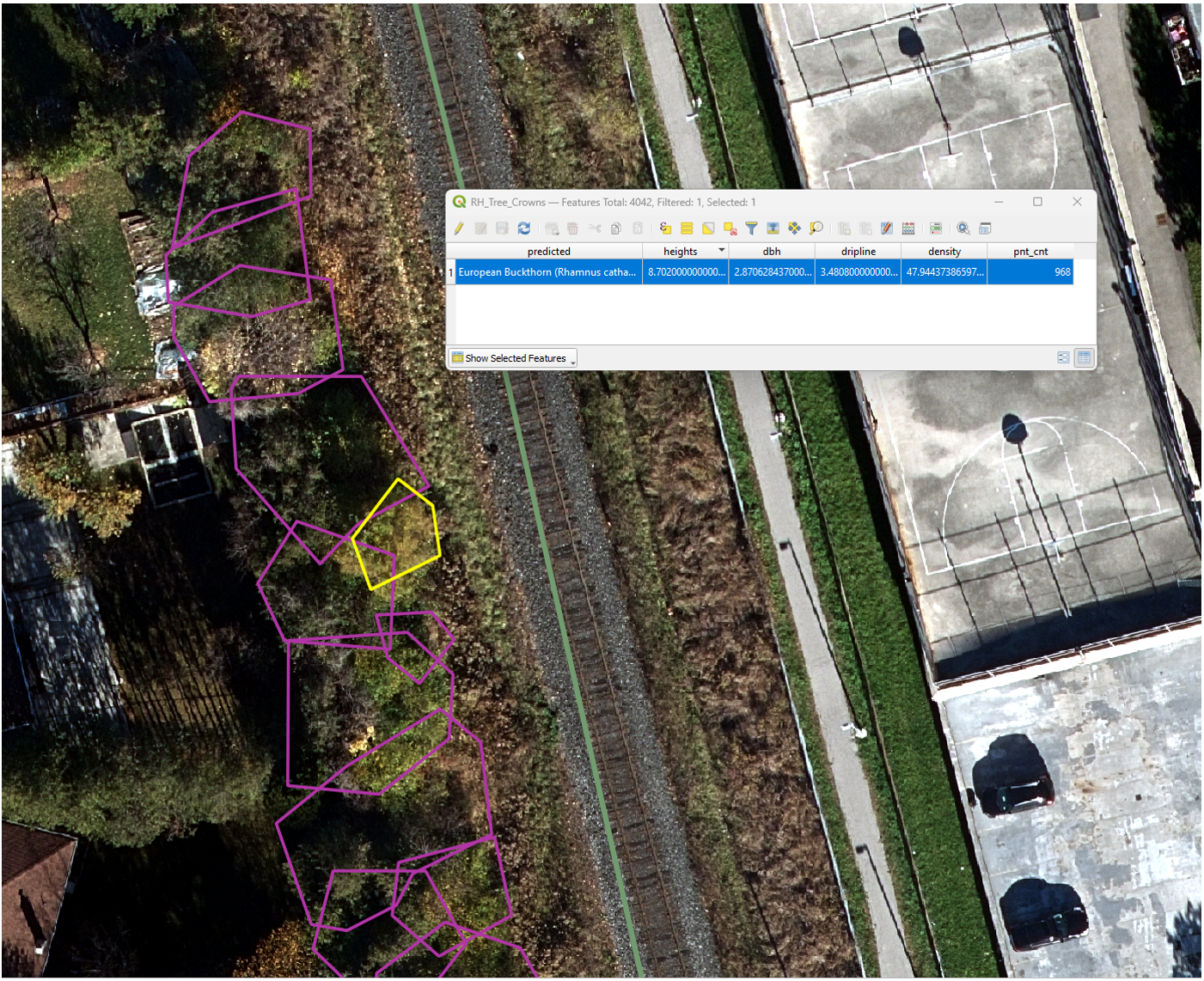 Segmented rail corridor vegetation with inventory table